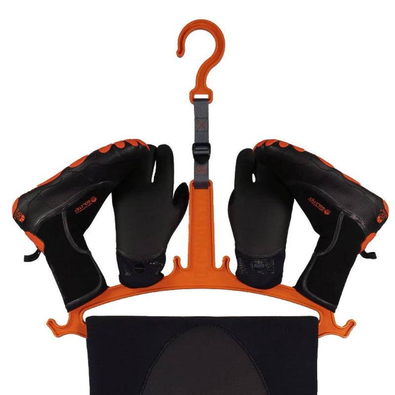 Load image into Gallery viewer, Green Hat Kiteboarding-C-Monsta Wetsuit Hanger Orange on White Background With Gloves, Booties & Wetsuit on it