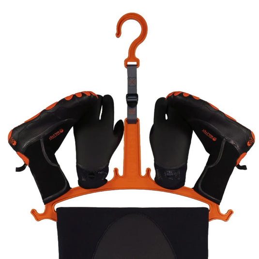 Green Hat Kiteboarding-C-Monsta Wetsuit Hanger Orange on White Background With Gloves, Booties & Wetsuit on it