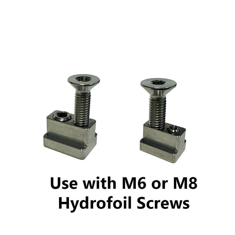 Load image into Gallery viewer, Green Hat Kiteboarding-Foilite Titanium Hydrofoil Track Lock Universal Track Nut Set of 4-Close up of 2 Units-Use with M6 or M8 Screws
