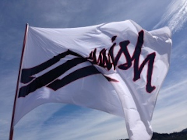 Naish Kiteboarding Flag flying high against the sky, representing the thrill of outdoor adventure.