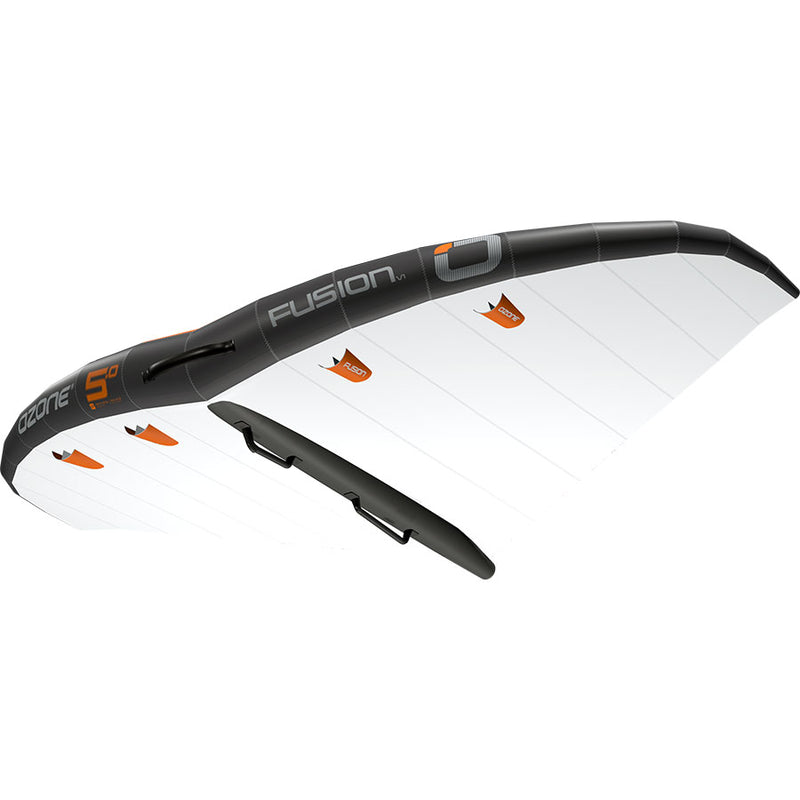 Load image into Gallery viewer, A black and white Ozone Fusion V1 Foil Wing, a high-performance freeride wing for dynamic jumps and flights. Includes wing, leash line with waist strap, and technical bag.
