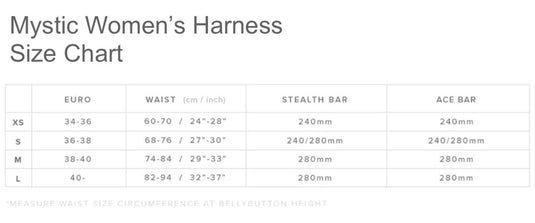 2022 Mystic Women's Harness Size Chart
