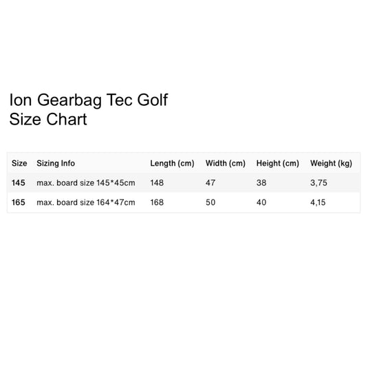 Ion Gearbag Tec Golf Bag Size Chart