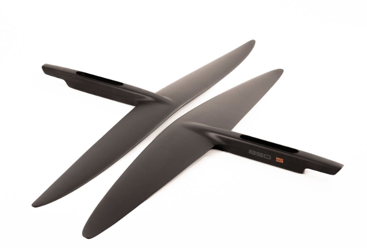 Two Code Foils S Series front wings, the 850 and the 615, shown face to face for size comparison