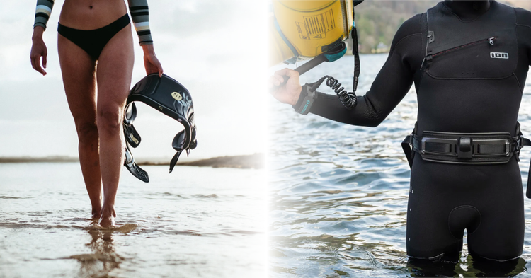 Green Hat Kiteboarding-Kiteboarding harness-Wing Foiling Harness-Split picture-Left-girl carrying a kite harness-Right-Guy wearing a wing harness