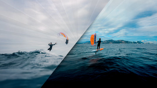 Two-panel image of riders using parawings on the water