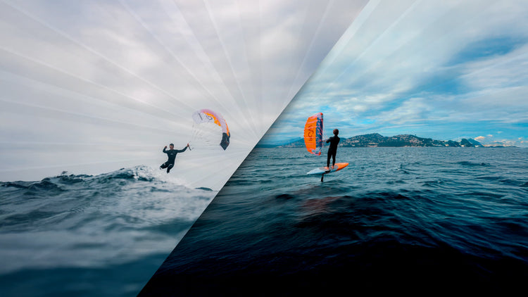 Two-panel image of riders using parawings on the water