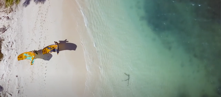 Green Hat Kiteboarding-Kiteboarding Clearance-F-One Bandit Kites on a Beach Seen From the Top