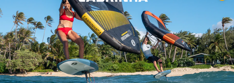 Green Hat Kiteboarding-Clearance Inflatable Wing Collection-Cabrinha Crosswing X3 4m-Two wing foilers riding away from a Beautiful Beach in Hawaii