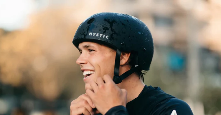 Green Hat Kiteboarding-Kiteboarding Safety Gear Clollection-Mystic MK8 Helmet Worn by Young man