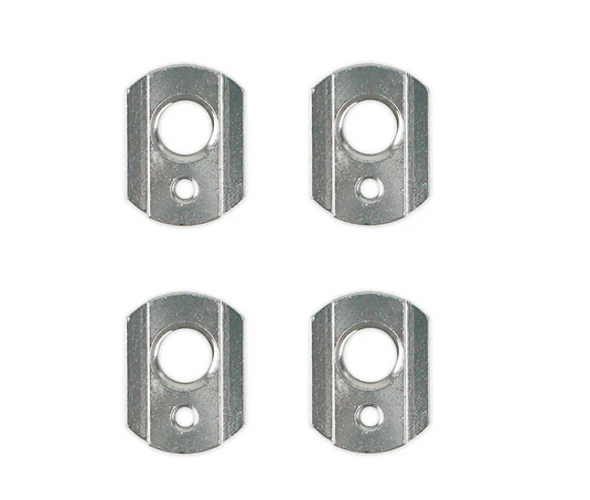 Four small silver t-nuts with circular cut outs, arranged in a 2x2 grid on a plain white background.