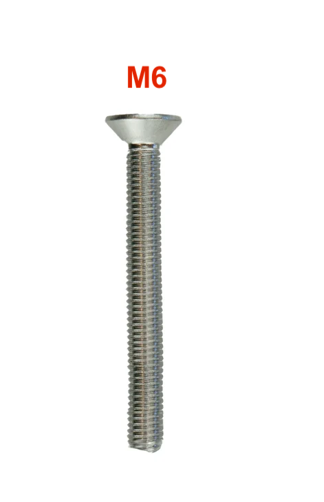 A single silver metal M6 screw with a slotted cross-profile head, shown vertically on a plain white background with 'M6' printed in red above it.