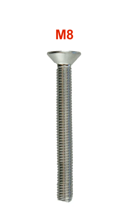 Load image into Gallery viewer, A single silver metal M8 screw with a slotted cross-profile head, shown vertically on a plain white background with 'M8' printed in red above it.
