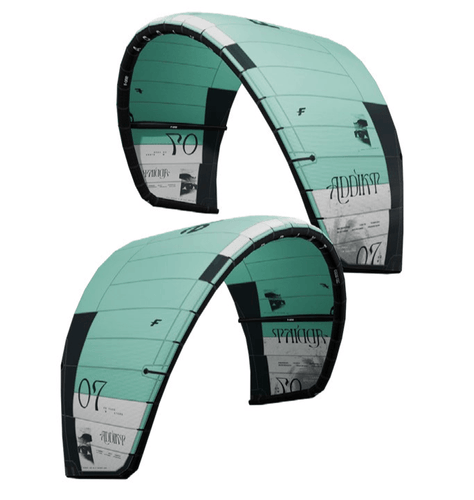 Green Hat Kiteboarding-2025_F-One_Addikt_Kite-Black/Mint-Leading Edge Left and Right Views