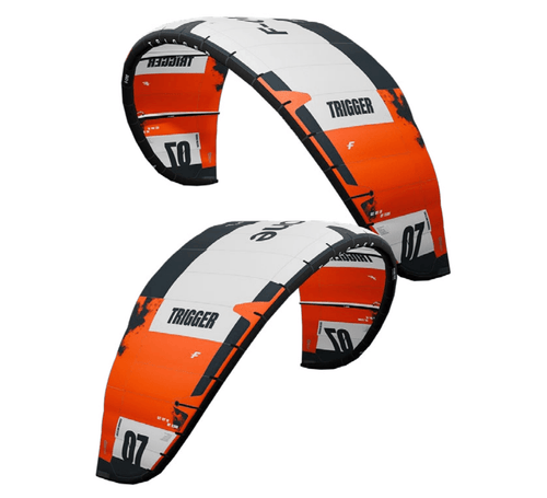 Green Hat Kiteboarding-2025 F-One Trigger V2 Kiteboarding Kite-Color Black/Flame-Leading Edge Front Left and Right View