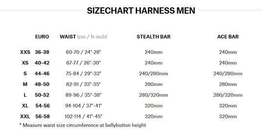 Green Hat Kiteboarding-2025 Mystic Stealth Men's Harness Size Chart