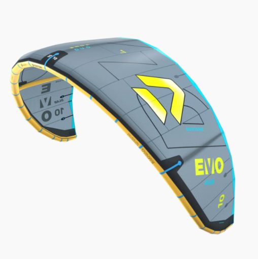 Green Hat Kiteboarding-2026 Duotone EVO DLAB-Dark Grey/Lime-Leading Edge Right Top View-on a white background