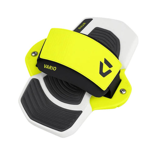 Yellow, black, and white knee pad with 'Vario' branding on a white background