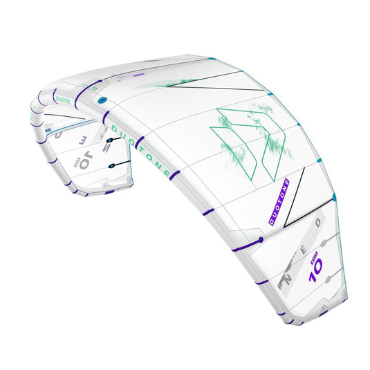 White paragliding kite with green and purple accents on a white background