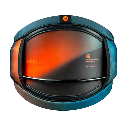 Green Hat Kiteboarding-Ride Engine Elite Type 2 Orange & Black Kiteboarding harness on a White Background
