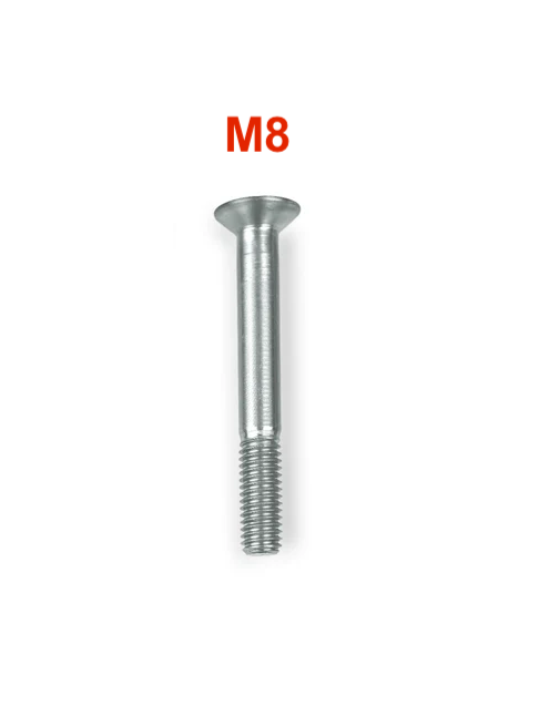 A single silver metal M8 screw with a flat head, shown vertically on a plain white background with 'M8' printed in red above it.