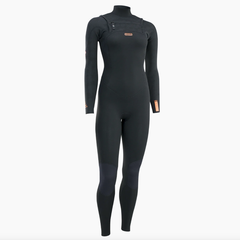 Load image into Gallery viewer, A black wet suit with orange accents, perfect for water women enjoying the ocean. 2023 Ion Element Semidry 5/4 Front-Zip Women&#39;s Wetsuit.
