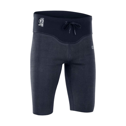 Black and gray wetsuit shorts with Ion brand logo on a white background