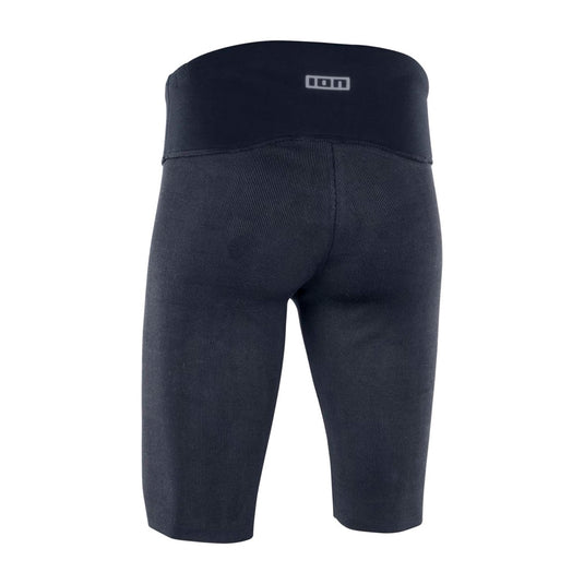 Black and gray wetsuit shorts with Ion brand logo on a white background
