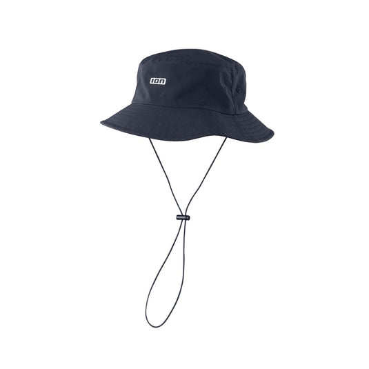 Black Ion bucket hat with a strap on a white background