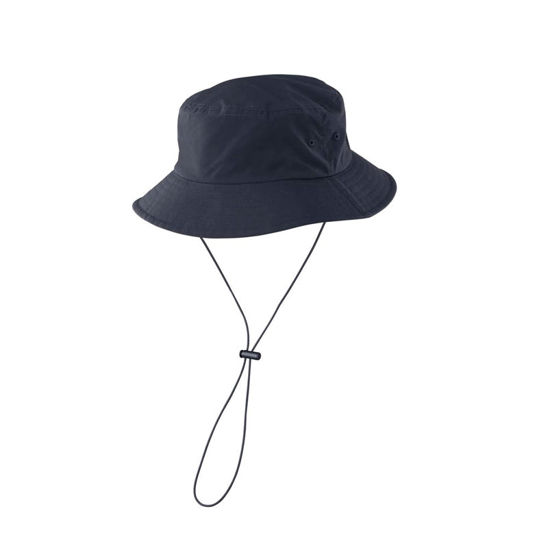 Load image into Gallery viewer, back of a Black Ion bucket hat with a strap on a white background
