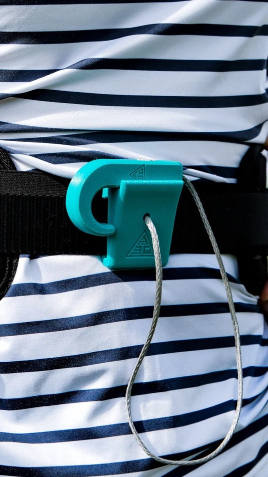 Teal A3D Magnetic Hook on a striped shirt