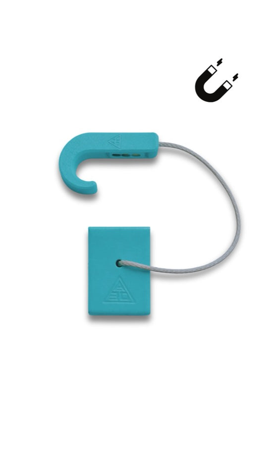 Turquoise hook device with a cable on a white background