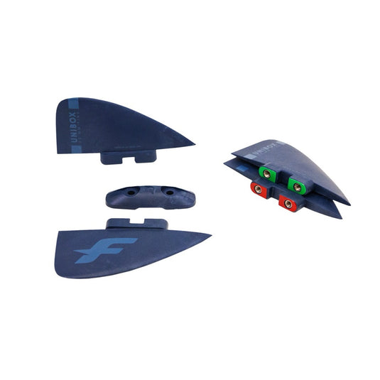 Set of blue Unibox kiteboard fins on a white background