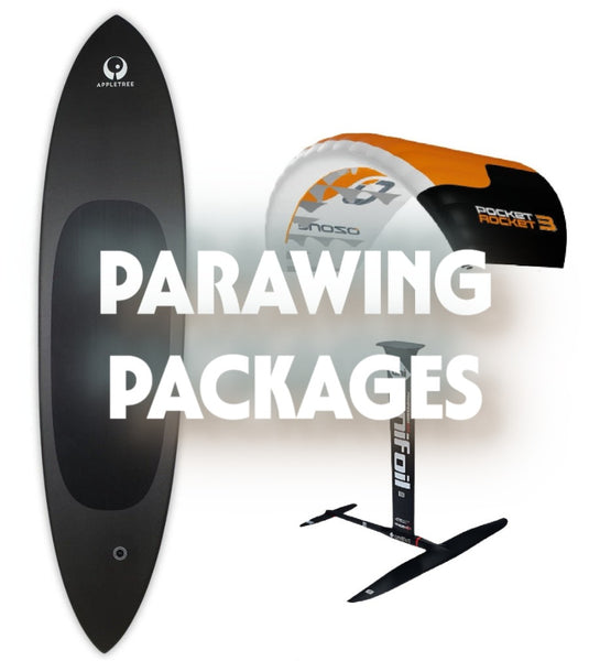 Green Hat Kiteboarding-LOGO-Parawing Packages-Parawinging equipment including a sail, wing, and control bar with 'Parawing Packages' text.