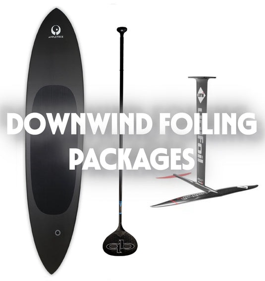 Green Hat Kiteboarding-LOGO-DW/SUP Packages-Black stand-up paddleboard with accessories on a white background, featuring text 'Downwind Foiling Packages'.