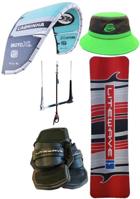 A kiteboarding bundle featuring a light blue and gray Cabrinha kite, a bright green and black Green Hat bucket hat, a red, gray, and black Litewave twintip, a black Cabrinha control bar, and black Green Hat Bindings on a white background.