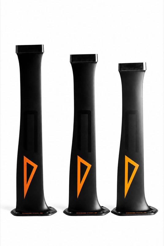 Three black masts with orange triangular  Code Foils logos, shown in a row against a white background.