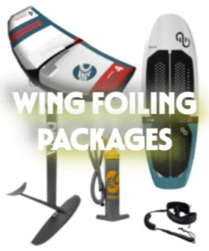 Green Hat Kiteboarding-LOGO-Wing Foiling Packages-Winging equipment including a sail, board, pump, and leash with 'Wing Foiling Packages' text.