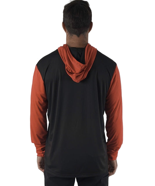 Green Hat Kiteboarding-Code Foils Long Sleeve Sun Tee-Man Looking Back Wearing LS Rashguard on a White Background