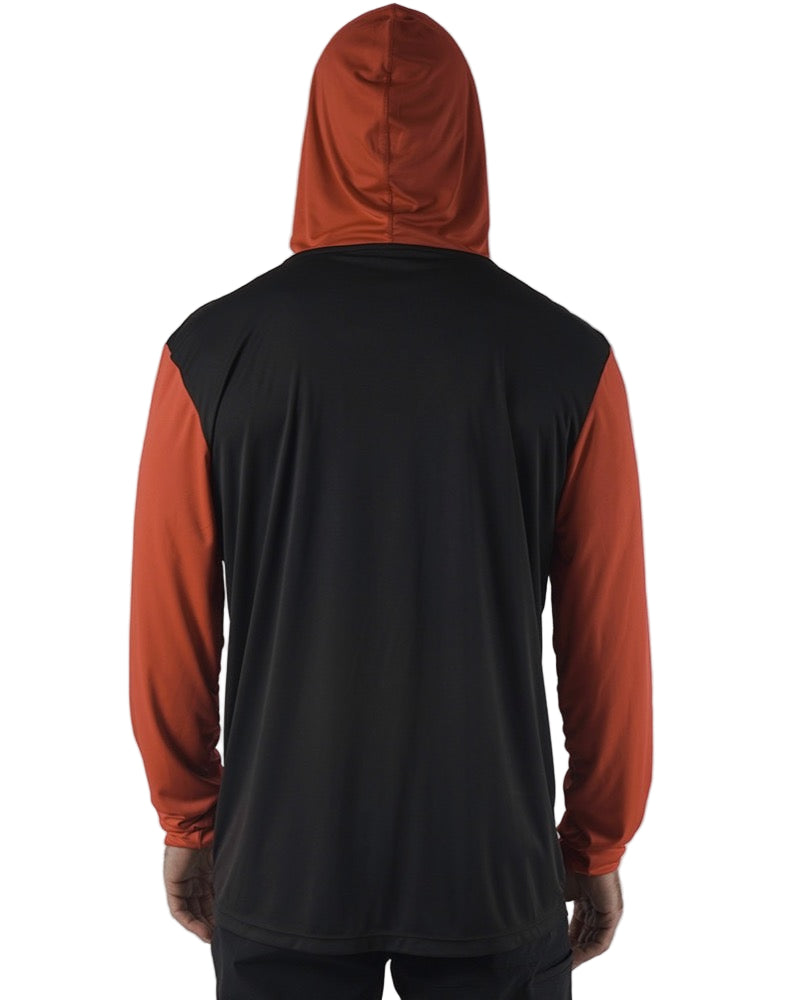 Load image into Gallery viewer, Green Hat Kiteboarding-Code Foils Long Sleeve Sun Tee-Man Looking Back Wearing LS Rashguard With Hood on a White Background
