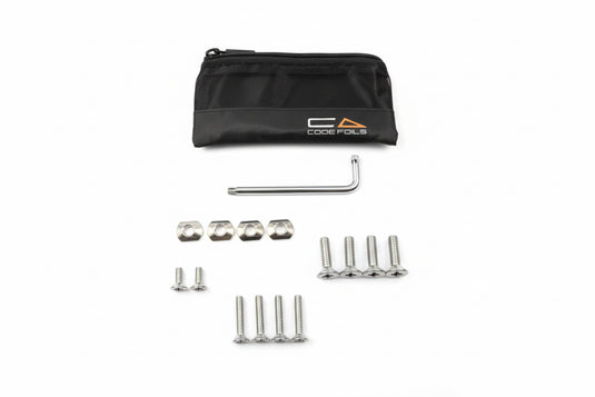 Set of screws, nuts, and a tool with a branded pouch.