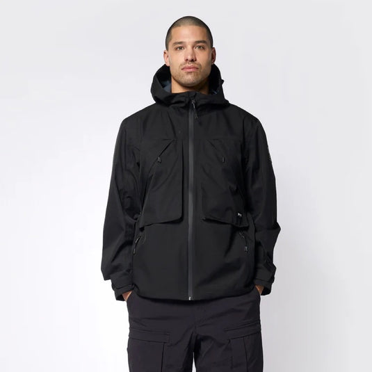 Green Hat Kiteboarding-Mystic DTS Rain Jacket-Black-Front View-Worn by a Man