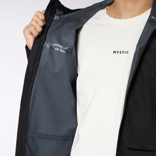 Green Hat Kiteboarding-Mystic DTS Rain Jacket-Black-Sealed Seams Close Up View