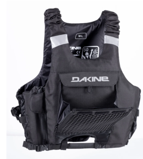 Green Hat Kiteboarding-Dakine Seeker DLX Vest-Black life vest with reflective stripes, a front pocket and Dakine branding on a white background