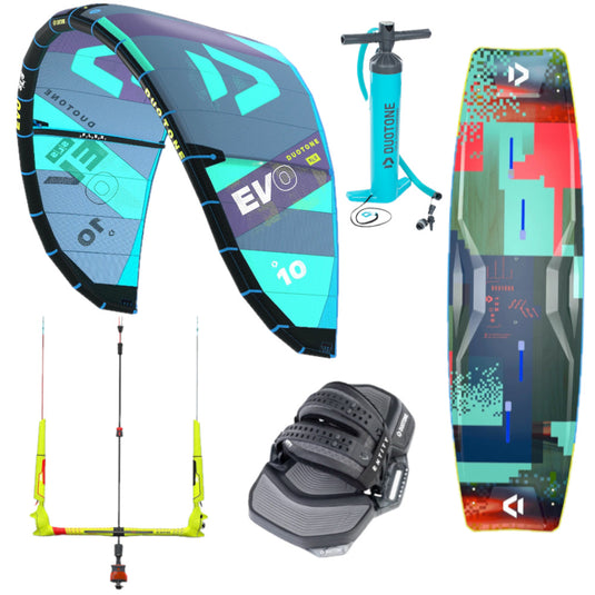 Green Hat Kiteboarding-Duotone EVO Kite Package-Duotone EVO Kite, Duotone Select Board, Duotone Entity Bindings, Duotone Click Bar and Duotone Pump.