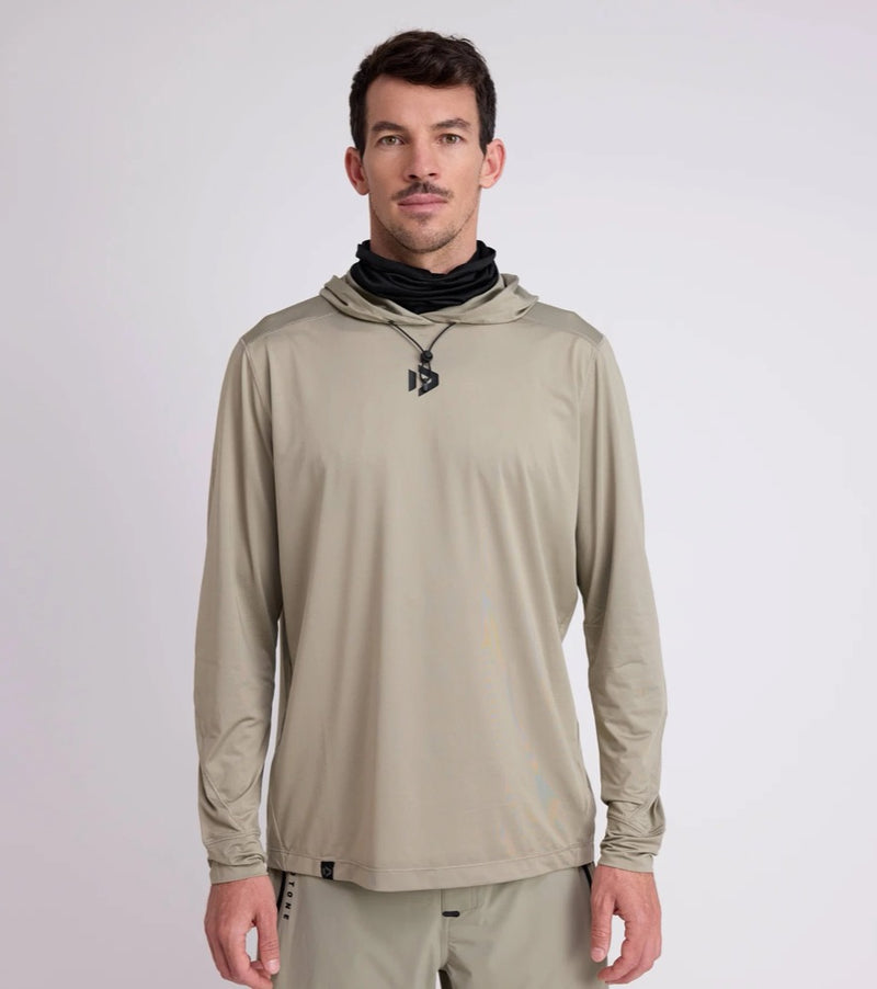 Load image into Gallery viewer, Man wearing a dusty forest long-sleeve hoodie with a Duotone brand logo on a white background
