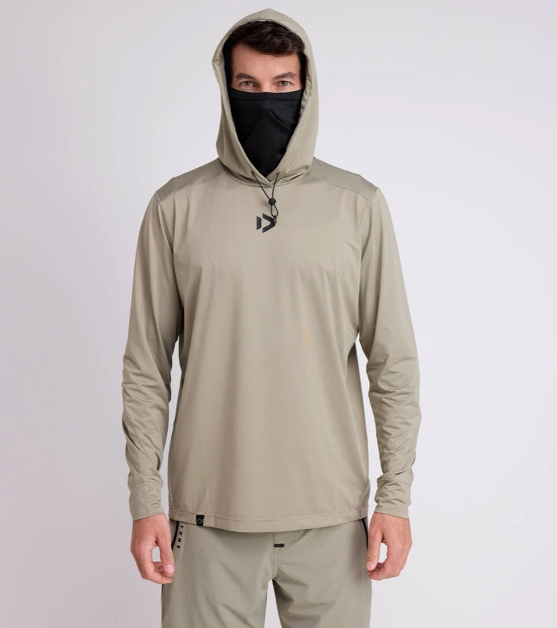 Load image into Gallery viewer, Man wearing a dusty forest Duotone Longsleeve Wetshirt Guard men and pants with a black face mesh on a white background
