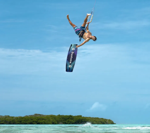 Load image into Gallery viewer, Green Hat Kiteboarding-Jaime SLS Kiteboard-Action Shot-Man Jumping in the Air While Kiteboarding
