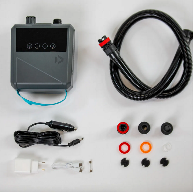 Load image into Gallery viewer, Collection of Duotone ePump Lazepump components including a pump, hose, cables, and connectors on a white background
