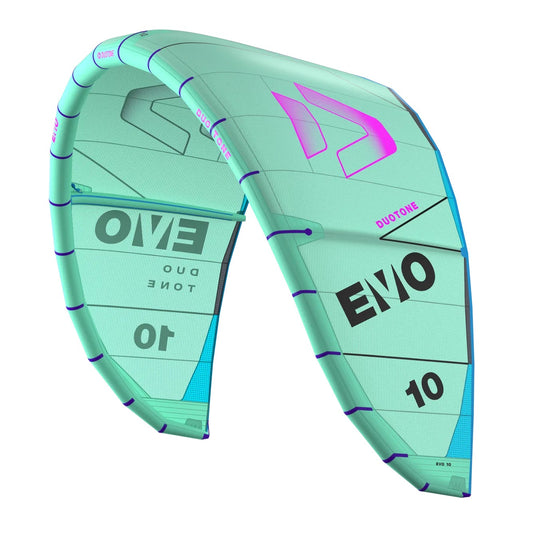 Turquoise and blue EVO kite with branding on a white background
